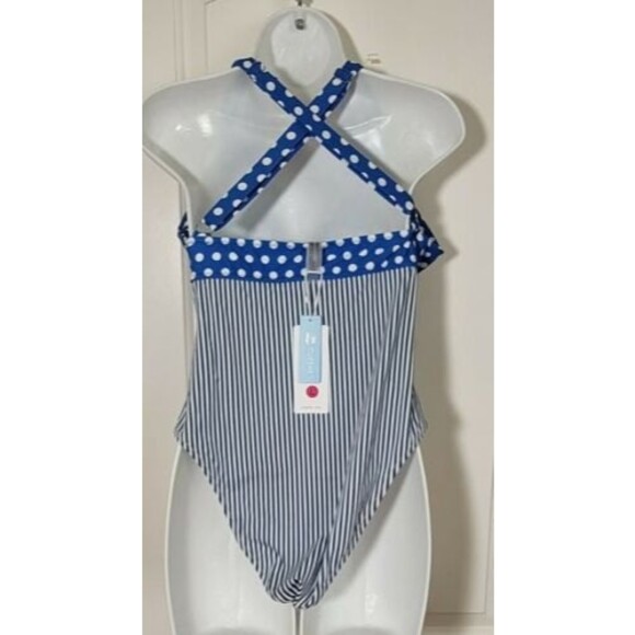NWT Cupshe Large one piece swimsuit Blue poka dot stripe, adjustable vacation - Picture 4 of 10